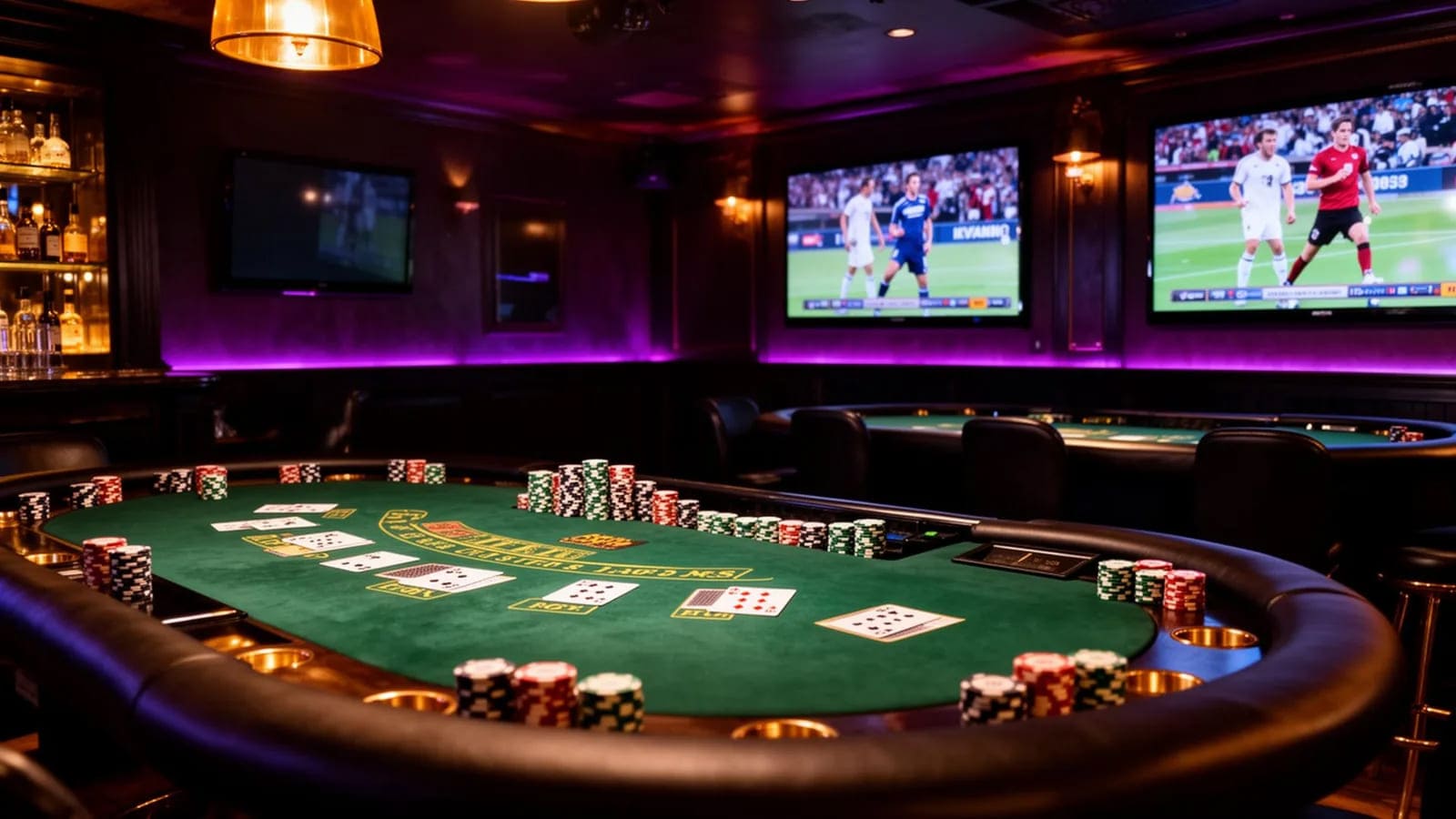 Stół pokerowy z żetonami i ekranami telewizyjnymi