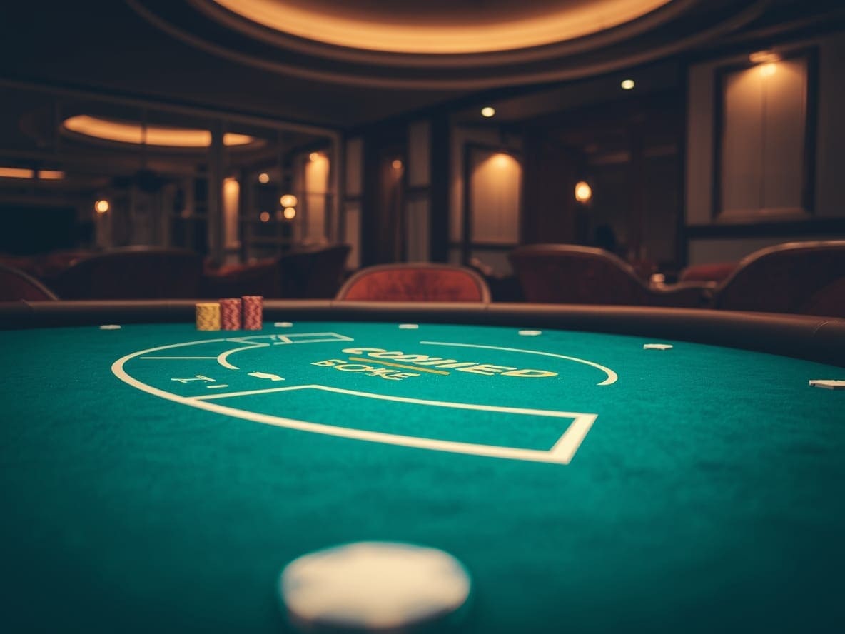 Zielony stół pokerowy z logo Central Strategy Club i żetonami