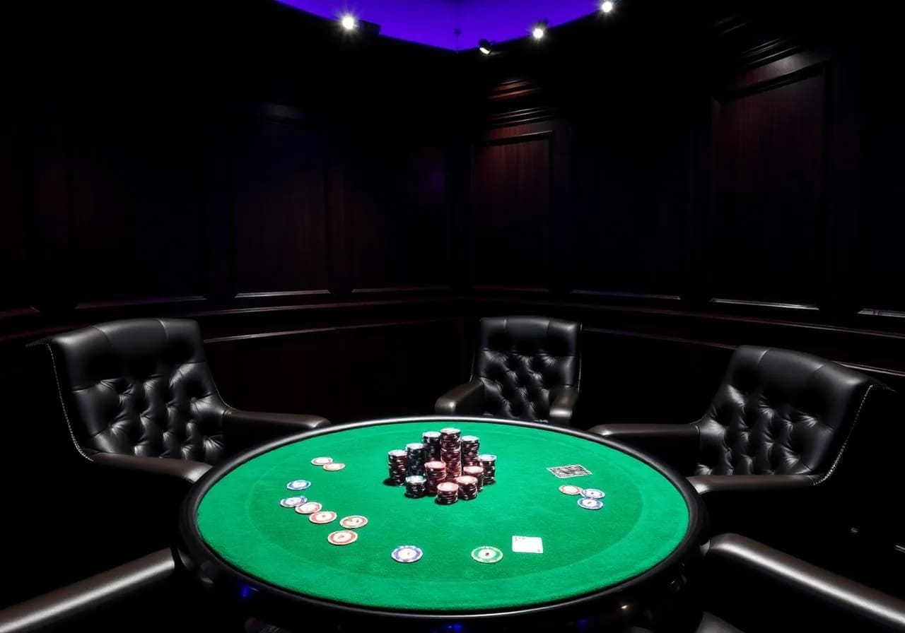 Prywatna sala pokerowa z zielonym stołem i skórzanymi fotelami