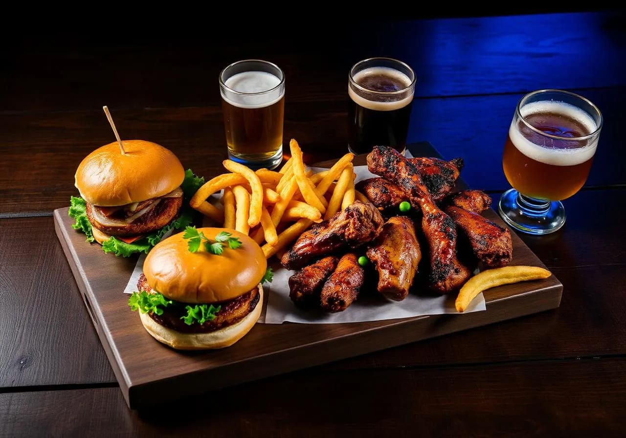 Burgery, frytki, skrzydełka i piwa na stole w barze